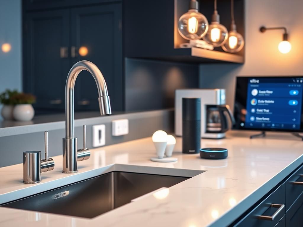 Flick International A modern kitchen showcasing smart home devices including a smart faucet and plugs
