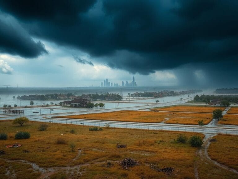 Flick International Flooded Texas landscape showing raging waters engulfing homes and roads after a severe storm