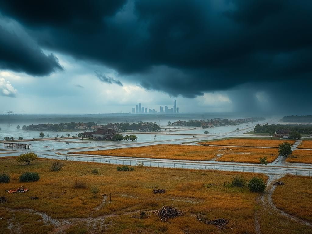 Flick International Flooded Texas landscape showing raging waters engulfing homes and roads after a severe storm