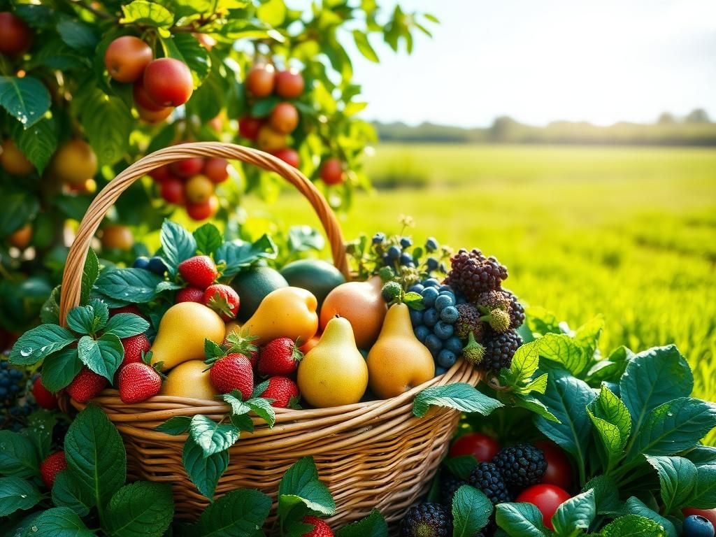 Flick International A vibrant garden scene filled with fresh fruits and vegetables, highlighting their nutritional value.