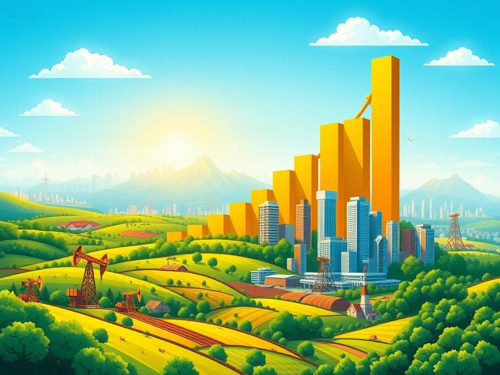 Flick International Illustration symbolizing economic growth with a towering graph and a flourishing cityscape