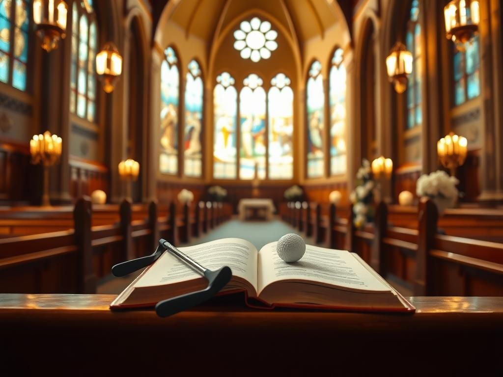 Flick International A serene interior of a grand cathedral with stained glass windows and golf clubs on a hymn book