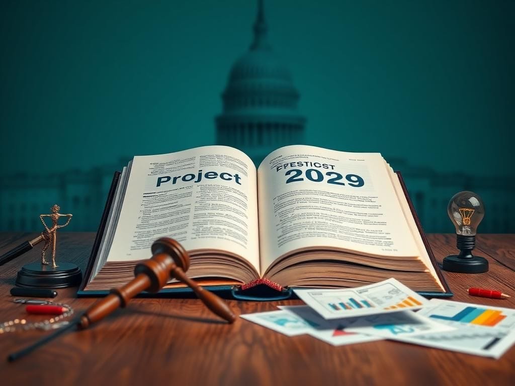 Flick International Conceptual image of a large open book titled 'Project 2029' on a wooden table with policy symbols