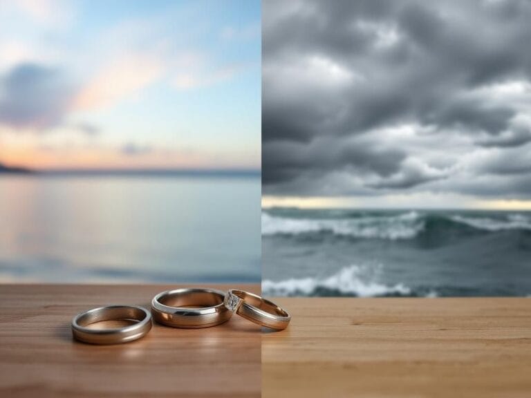 Flick International A split image showing a calming sunrise over a lake and a stormy sky with turbulent waters, symbolizing new beginnings and emotional struggle.