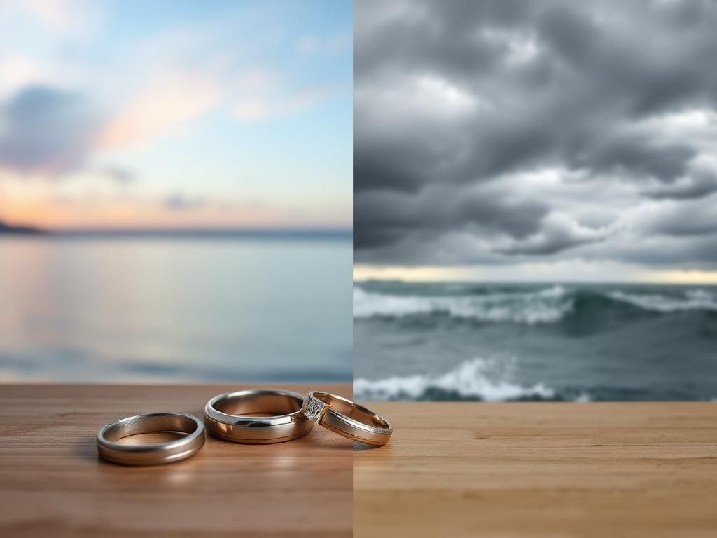 Flick International A split image showing a calming sunrise over a lake and a stormy sky with turbulent waters, symbolizing new beginnings and emotional struggle.