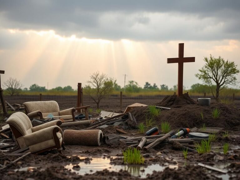 Flick International Muddied yard with remnants of a flooded home in central Texas