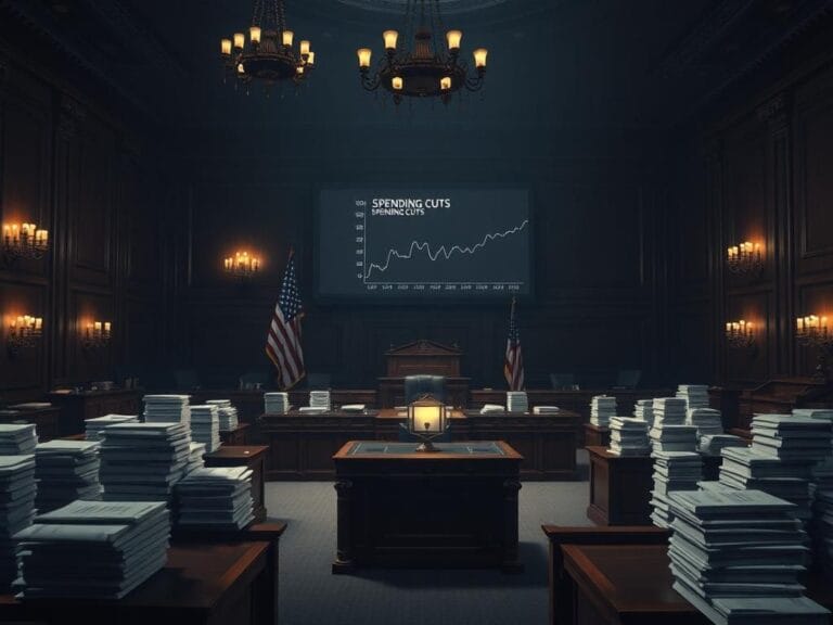 Flick International Dramatic Senate chamber with ornate desk and documents symbolizing spending cuts