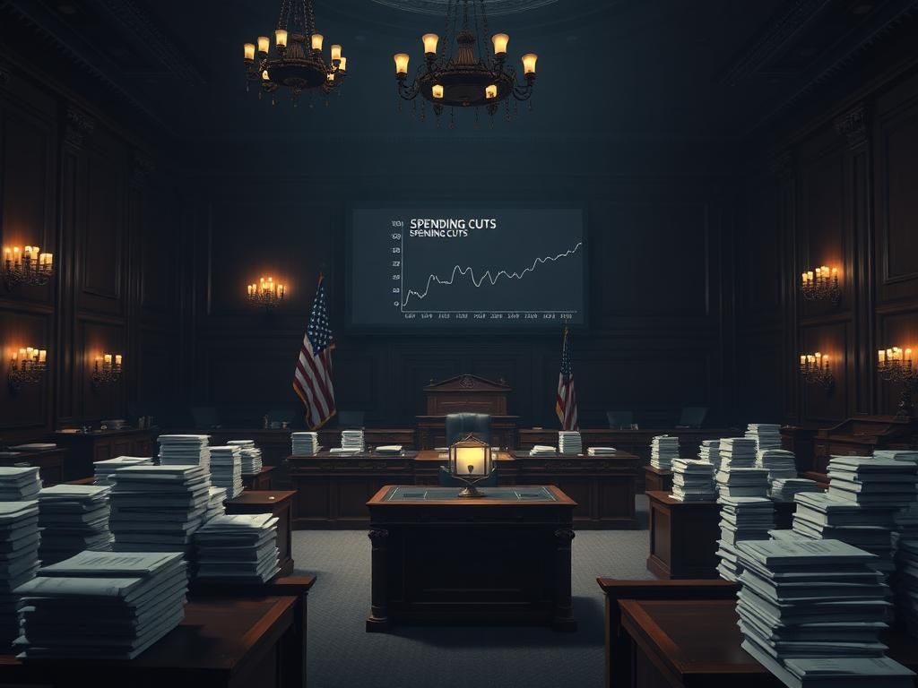 Flick International Dramatic Senate chamber with ornate desk and documents symbolizing spending cuts