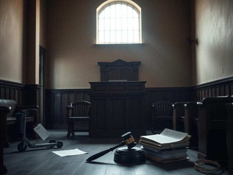 Flick International Dimly lit courtroom interior with empty wooden benches and a gavel on the judge's podium