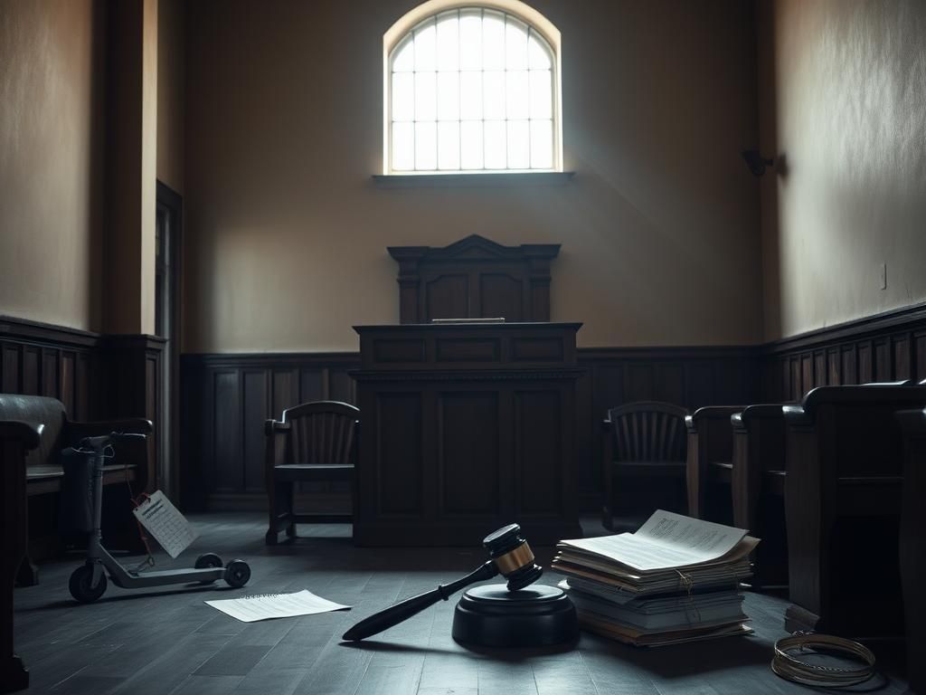 Flick International Dimly lit courtroom interior with empty wooden benches and a gavel on the judge's podium
