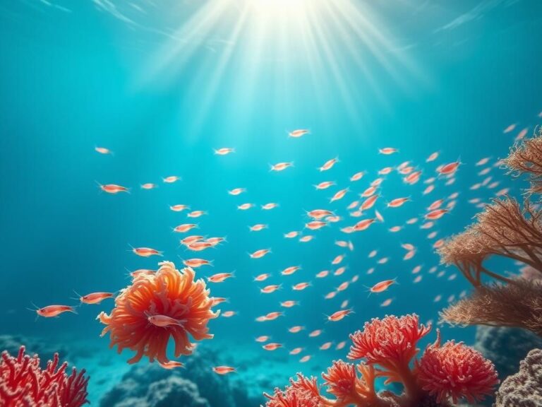 Flick International Vibrant Antarctic ocean scene featuring schools of krill swimming among coral