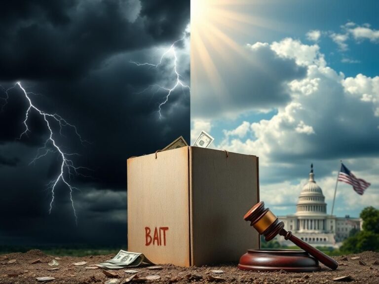 Flick International A dramatic split backdrop illustrating the contrasting political landscape with a ballot box and gavel