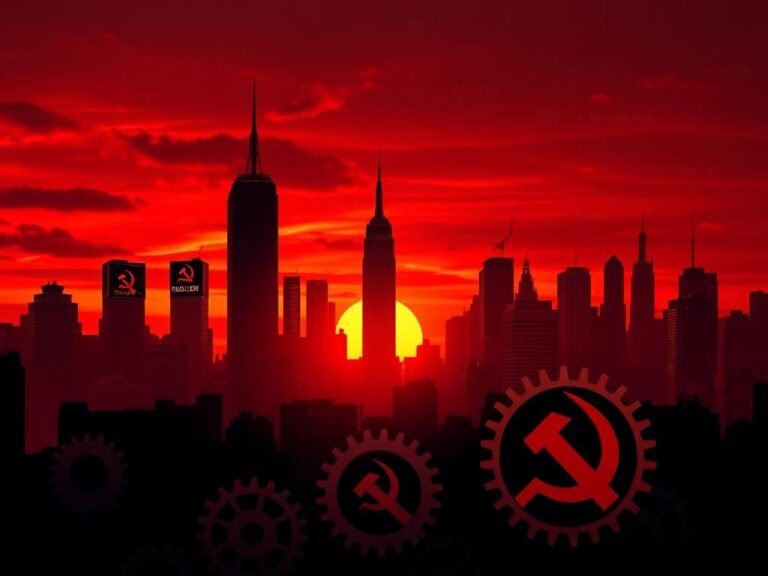 Flick International Cityscape of New York featuring Marxist symbols against a sunset
