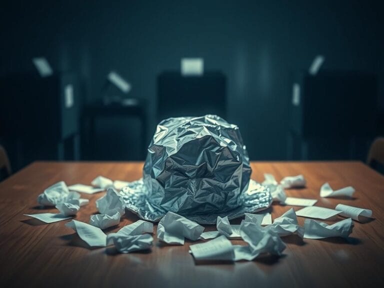 Flick International Tinfoil hat resting on a wooden table with scattered papers, symbolizing conspiracy theories around the 2024 election