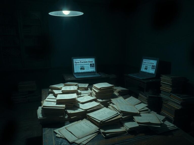 Flick International Dimly lit room with piles of unmarked files symbolizing secrecy in the Epstein case