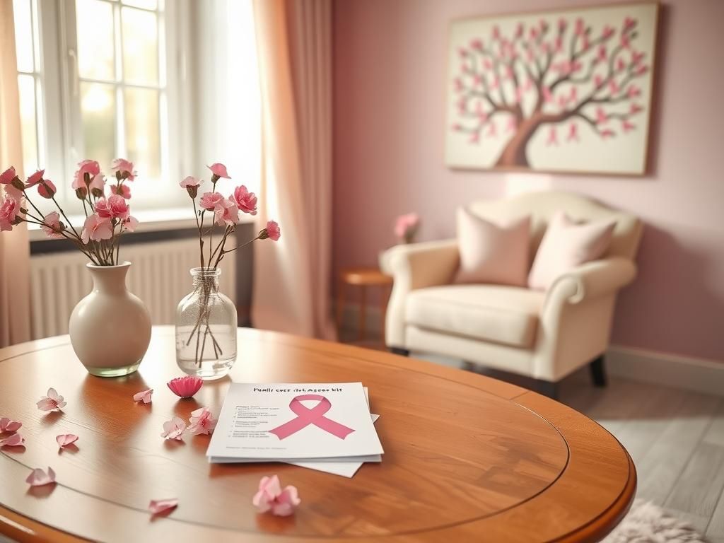 Flick International Elegant wooden table showcasing a breast cancer risk assessment kit in a serene, softly lit room