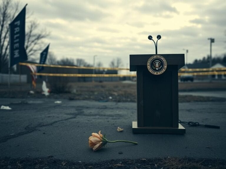 Flick International A deserted outdoor rally location in Butler, Pennsylvania, with a weathered podium and remnants of campaign materials.