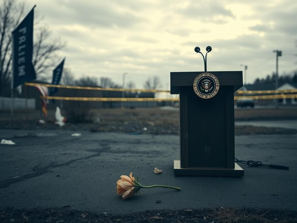 Flick International A deserted outdoor rally location in Butler, Pennsylvania, with a weathered podium and remnants of campaign materials.