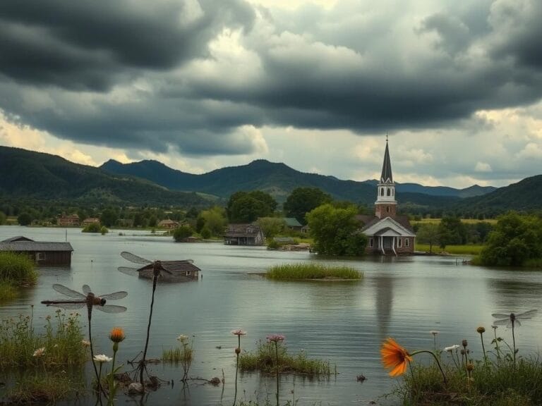 Flick International A serene Hill Country landscape showcasing the aftermath of a devastating flood with partially submerged homes and debris.