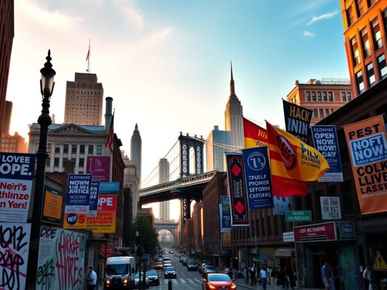Flick International Urban landscape of New York City during golden hour with campaign posters and banners displayed