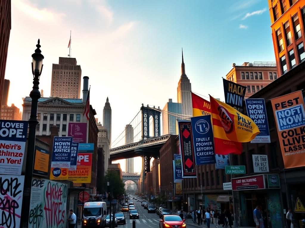 Flick International Urban landscape of New York City during golden hour with campaign posters and banners displayed