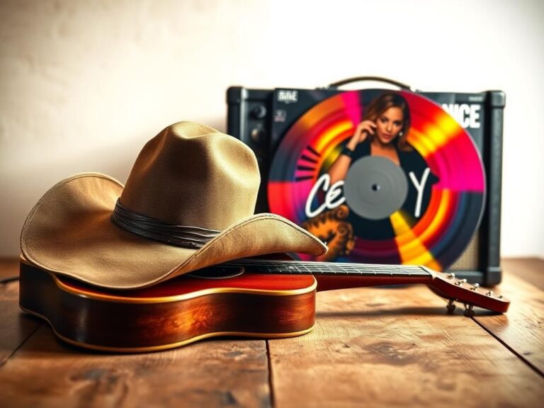 Flick International A weathered cowboy hat resting on an acoustic guitar beside a colorful vinyl record representing Beyoncé's 'Cowboy Carter' album