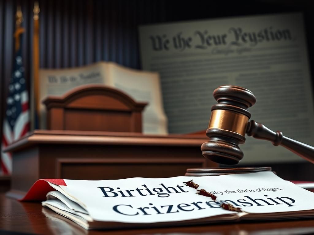 Flick International Courtroom scene with a judge's bench and gavel, representing birthright citizenship issues