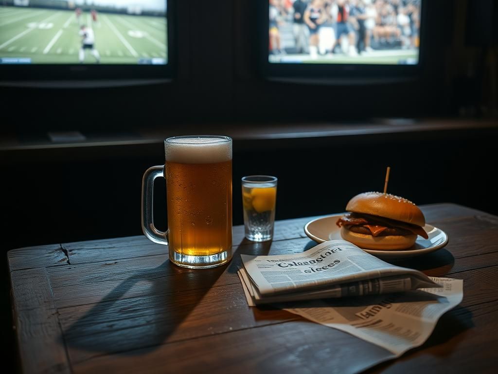 Flick International Dimly lit bar scene with a rustic table featuring a cold beer, juicy hamburger, and competing narratives of gender politics.