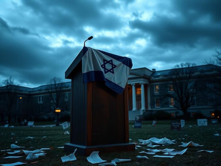 Flick International Empty wooden podium draped with a faded Israeli flag at Columbia University