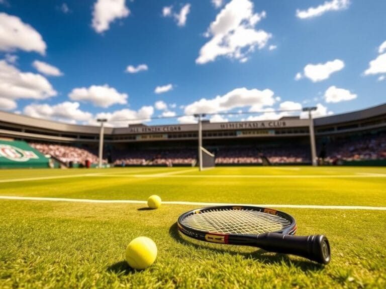 Flick International Tennis racquet and balls on Wimbledon grass court