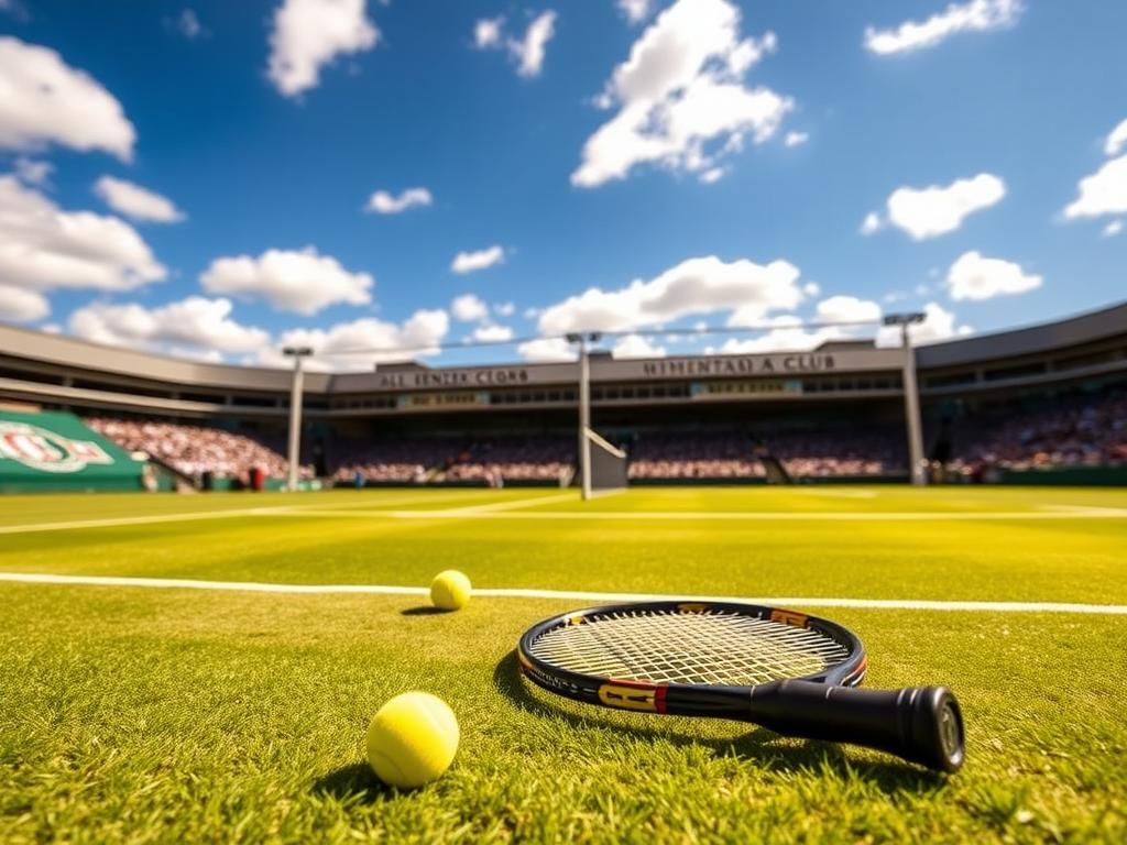 Flick International Tennis racquet and balls on Wimbledon grass court