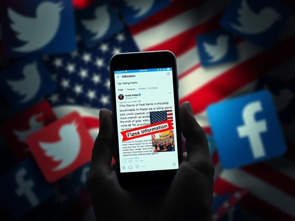 Flick International Digital collage depicting misinformation in political campaigning with a smartphone showing misleading voting memes