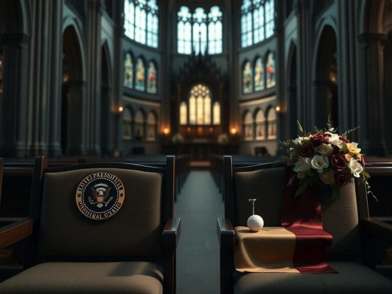 Flick International Interior of a grand cathedral with two empty pews, one with a presidential seal and the other with a golf tee and ball