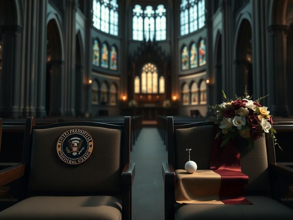 Flick International Interior of a grand cathedral with two empty pews, one with a presidential seal and the other with a golf tee and ball