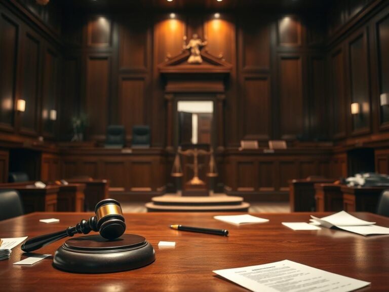 Flick International Dimly lit courtroom with a gavel and jury box illustrating a legal trial atmosphere