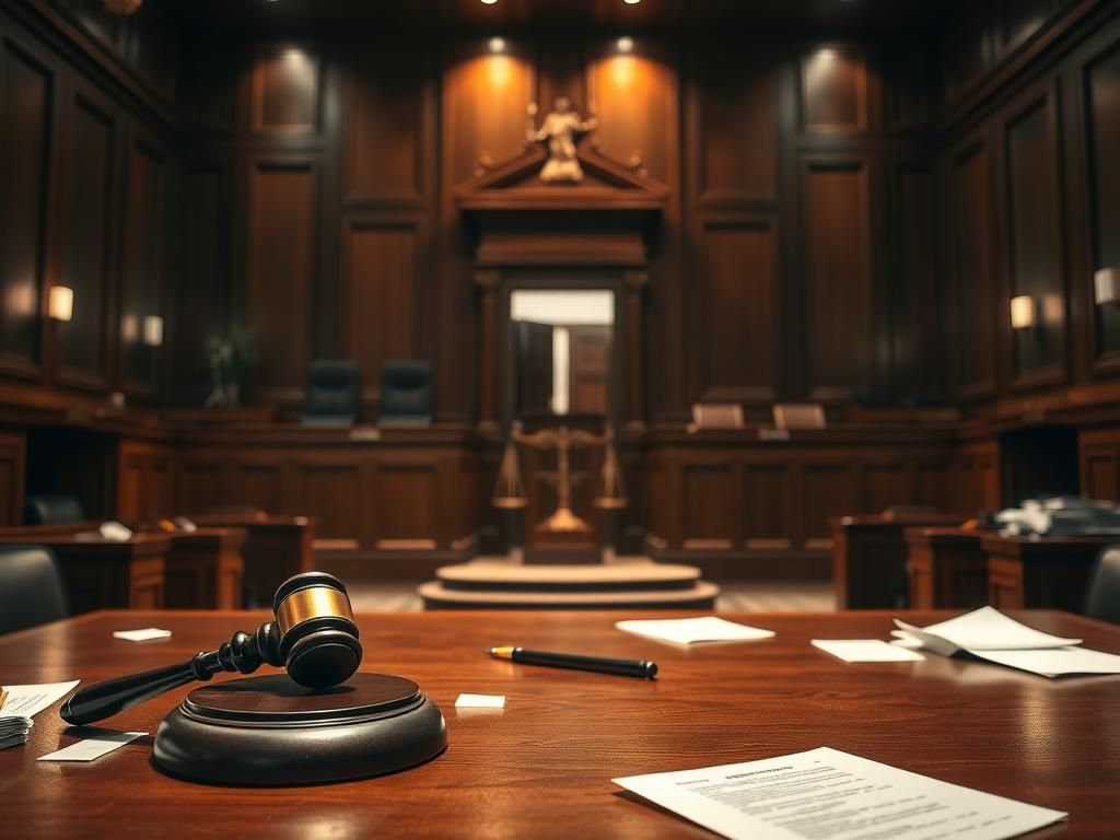 Flick International Dimly lit courtroom with a gavel and jury box illustrating a legal trial atmosphere