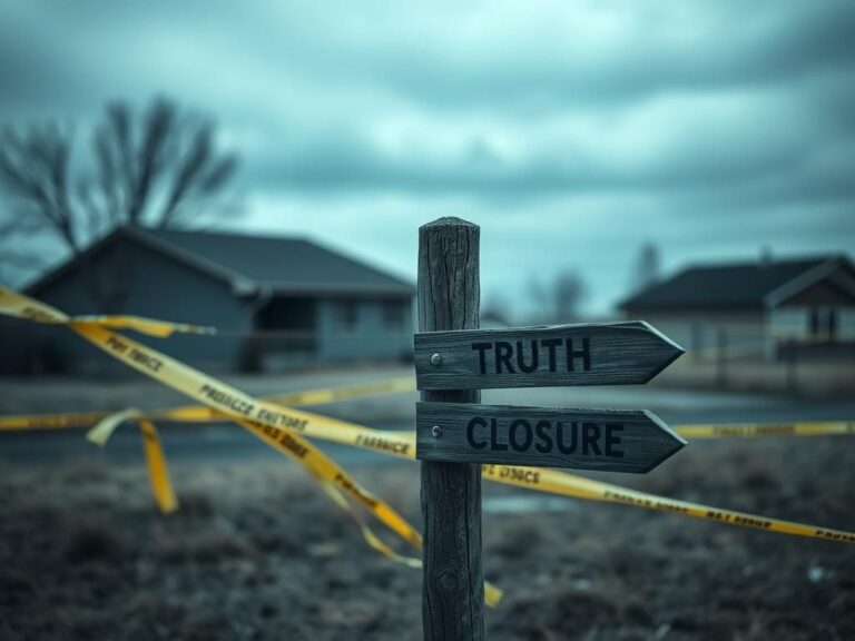 Flick International Atmospheric view of a crime scene with a blurred house and weathered signpost in Idaho