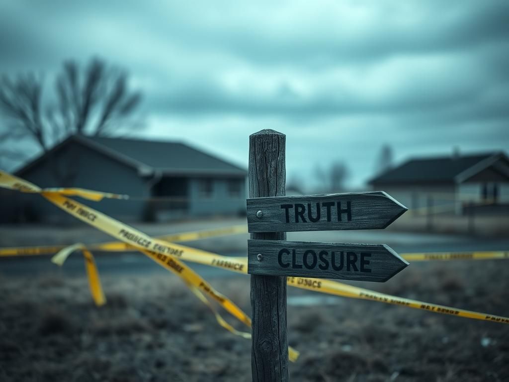 Flick International Atmospheric view of a crime scene with a blurred house and weathered signpost in Idaho