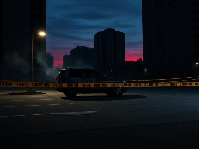 Flick International A vandalized vehicle with graffiti in a dimly lit urban landscape signifying violence against ICE agents