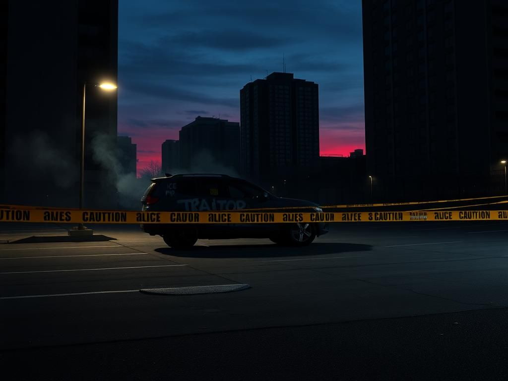 Flick International A vandalized vehicle with graffiti in a dimly lit urban landscape signifying violence against ICE agents
