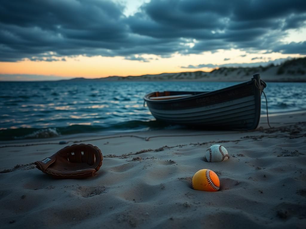 Flick International A serene view of Lake Michigan at dusk with a wooden boat and child's baseball glove on the sandy beach