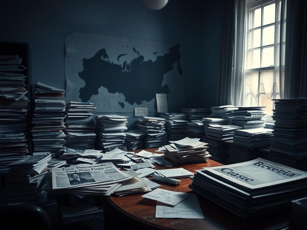 Flick International A dimly lit room filled with disorganized documents and papers, symbolizing chaos and misinformation
