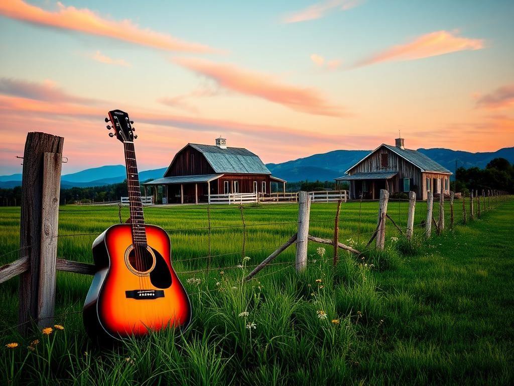 Flick International A serene country landscape at dusk with a vintage acoustic guitar symbolizing music on hold
