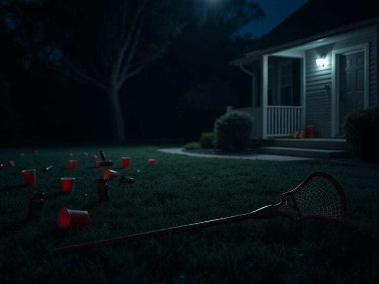Flick International Dimly lit suburban house at night with discarded party items, reflecting a chaotic social scene