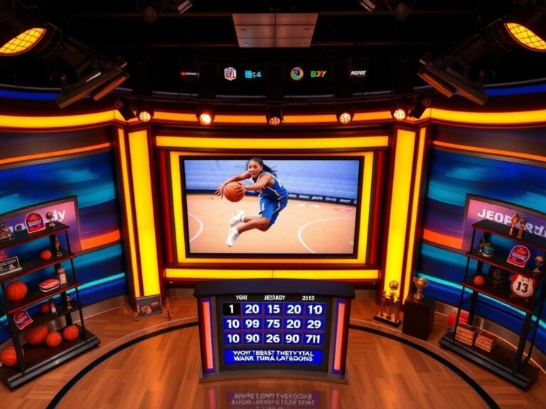 Flick International Overhead view of the Jeopardy! game board set with sports memorabilia and a basketball player on screen