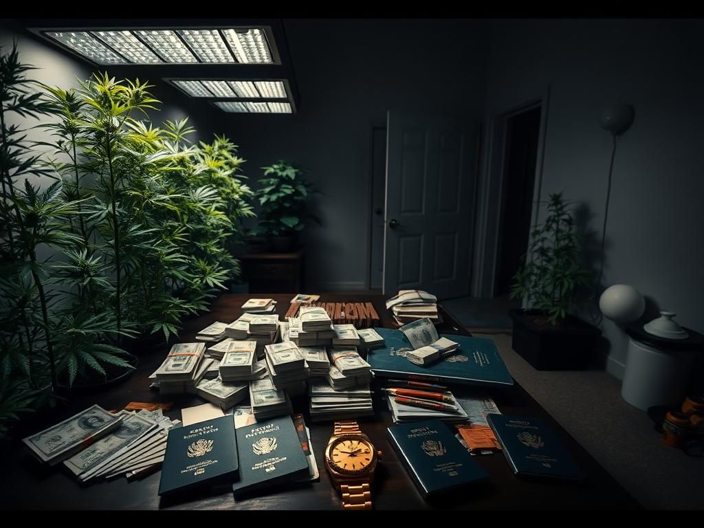 Flick International Dimly lit interior of a residential home showcasing a secretive marijuana grow operation