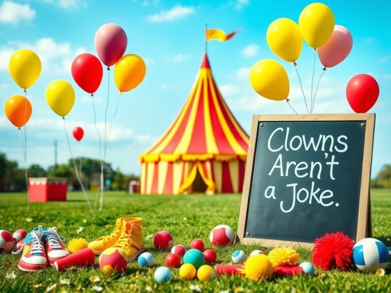 Flick International Colorful carnival scene showcasing vibrant clown props and a classic circus tent