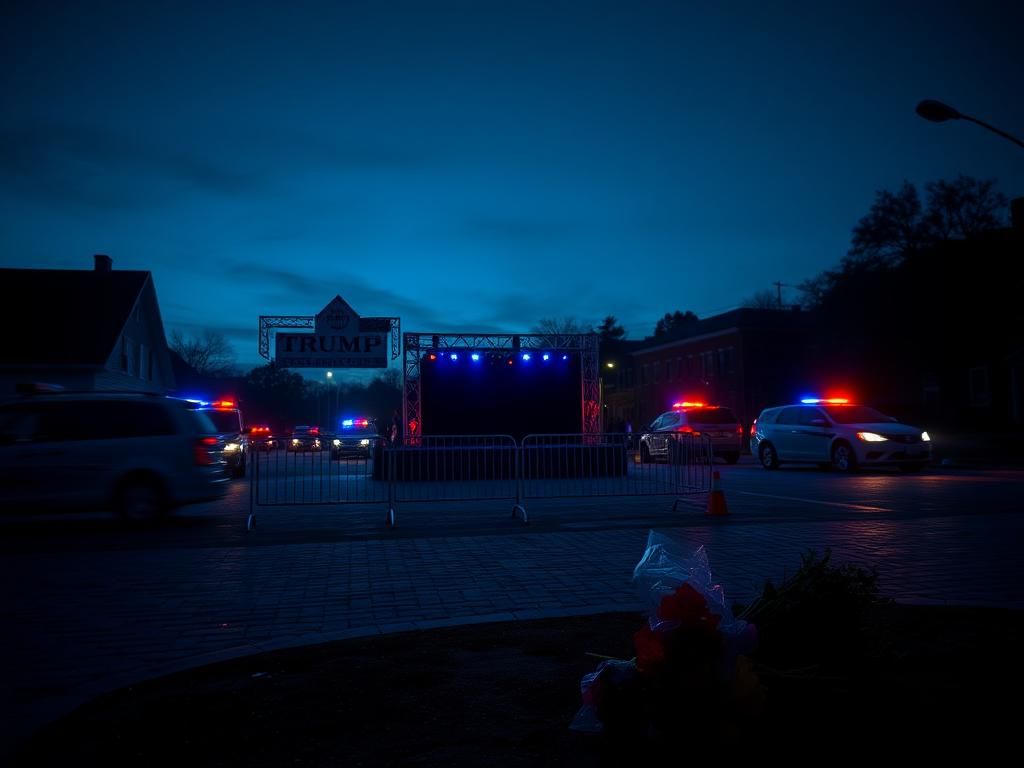 Flick International Twilight scene in Butler, Pennsylvania showing empty stage and police barricade
