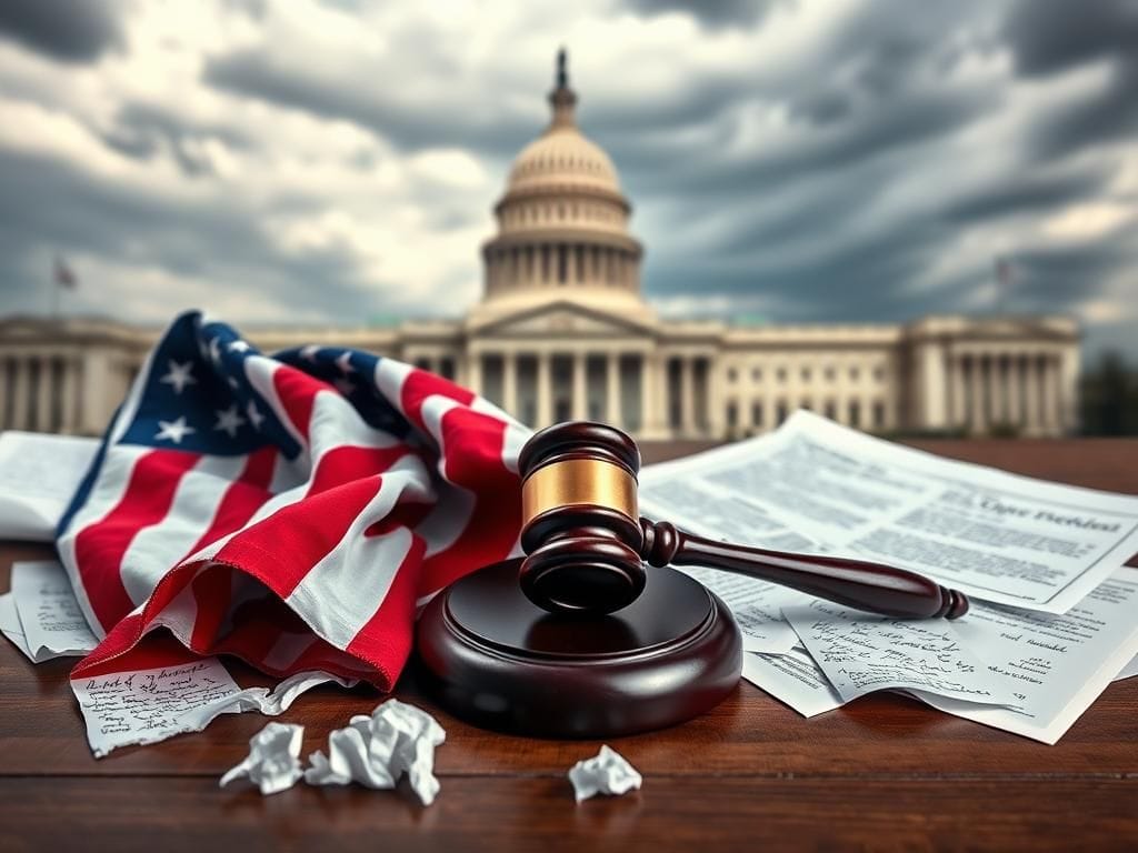 Flick International A fragmented American flag draped over a gavel with legal documents, symbolizing legislative conflict.