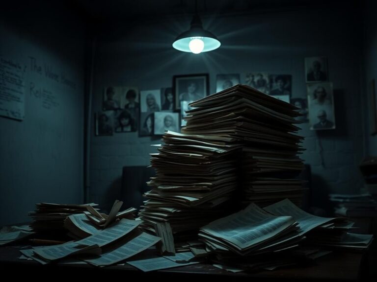 Flick International Dimly lit room filled with legal documents related to Epstein's victims